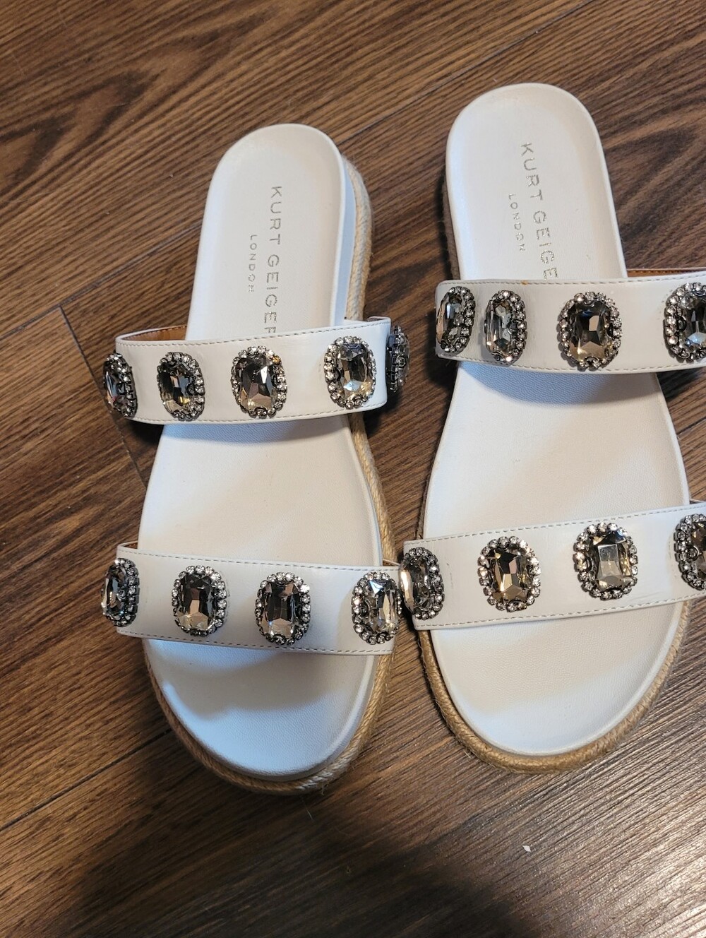 Kurt Geiger White Jeweled Double-Strap Slide Sandals